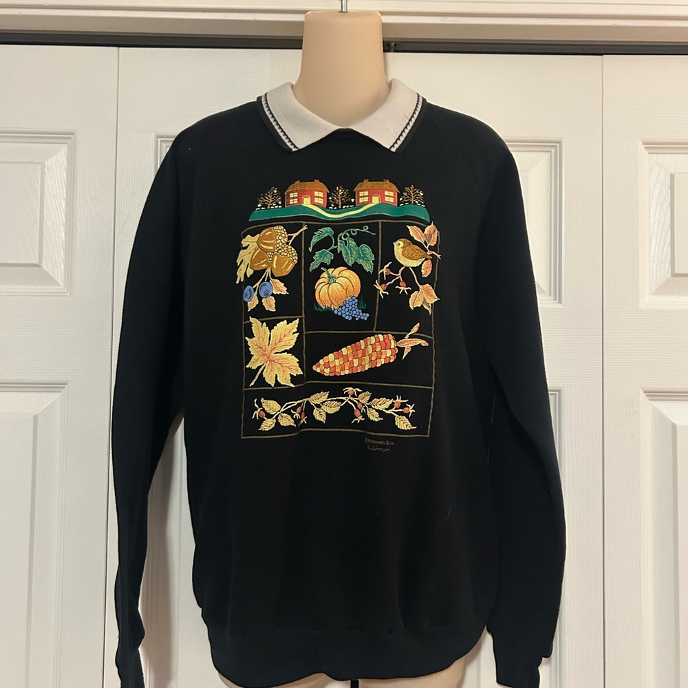 Morning Sun Vintage Black Sweater with Autumn Motif